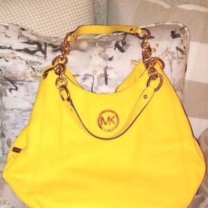 Michael Kors Bright Yellow Leather Shoulder Hobo with Gold Hardware